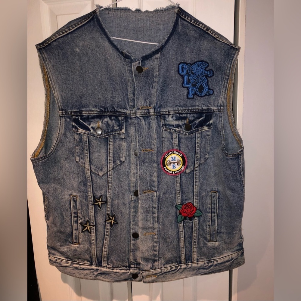 Maje  denim blue jean battle vest with patches sz 3/large